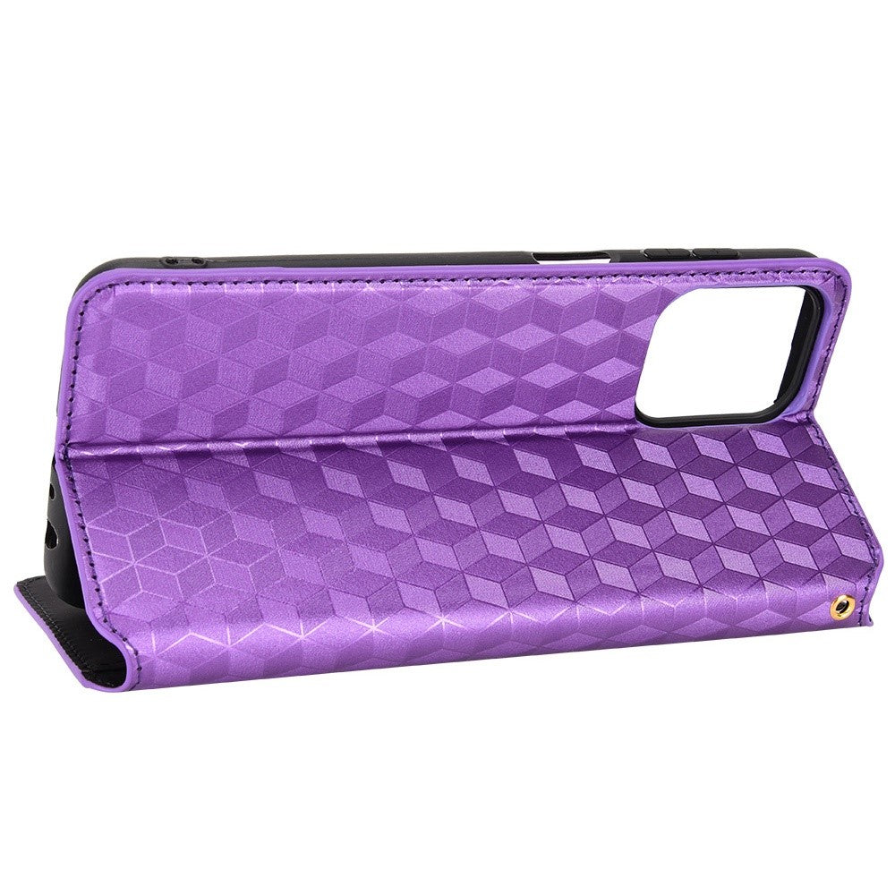 For Samsung Galaxy M53 5G Imprinted Rhombus Pattern Phone Case PU Leather Stand Magnetic Auto Closure Wallet Phone Shell - Purple