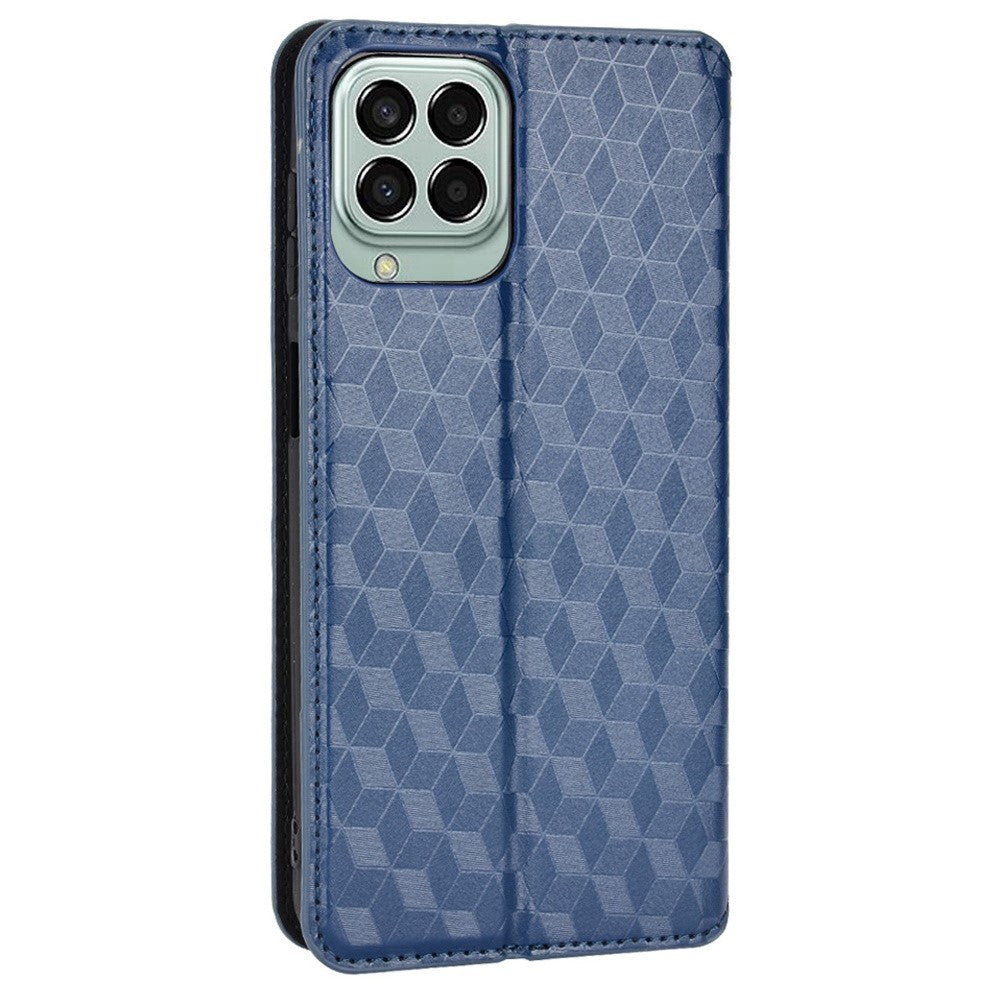For Samsung Galaxy M53 5G Imprinted Rhombus Pattern Phone Case PU Leather Stand Magnetic Auto Closure Wallet Phone Shell - Blue