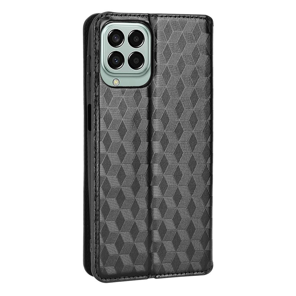 For Samsung Galaxy M53 5G Imprinted Rhombus Pattern Phone Case PU Leather Stand Magnetic Auto Closure Wallet Phone Shell - Black