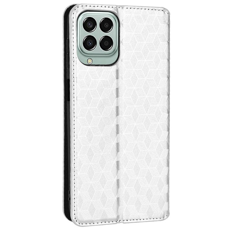 For Samsung Galaxy M53 5G Imprinted Rhombus Pattern Phone Case PU Leather Stand Magnetic Auto Closure Wallet Phone Shell - Silver