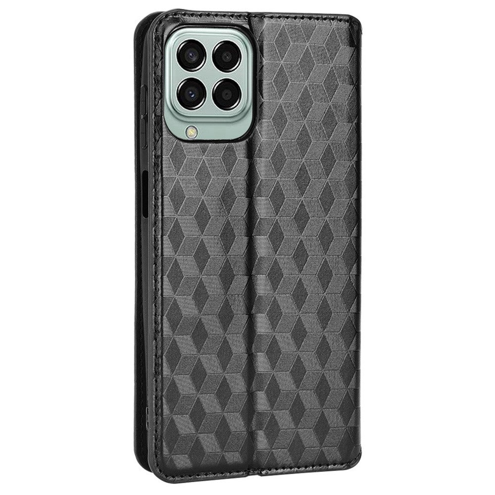 Anti-scratch Imprinted Rhombus Pattern Case for Samsung Galaxy M33 5G (Global Version), PU Leather Stand Magnetic Auto Closure Wallet Phone Cover - Black