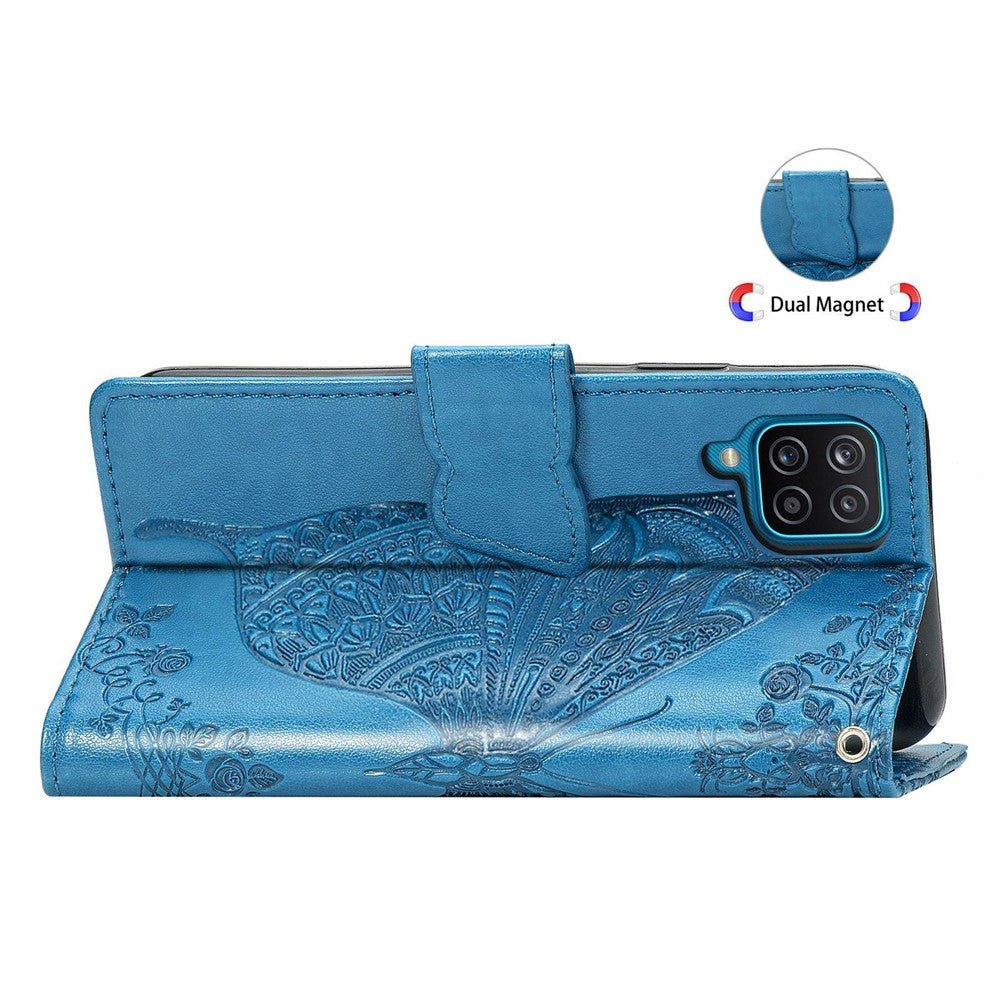 Big Butterfly Imprinting Leather Phone Shell for Samsung Galaxy M33 5G (Global Version), Full Coverage PU Leather Case with Stand Wallet + Handy Strap - Blue