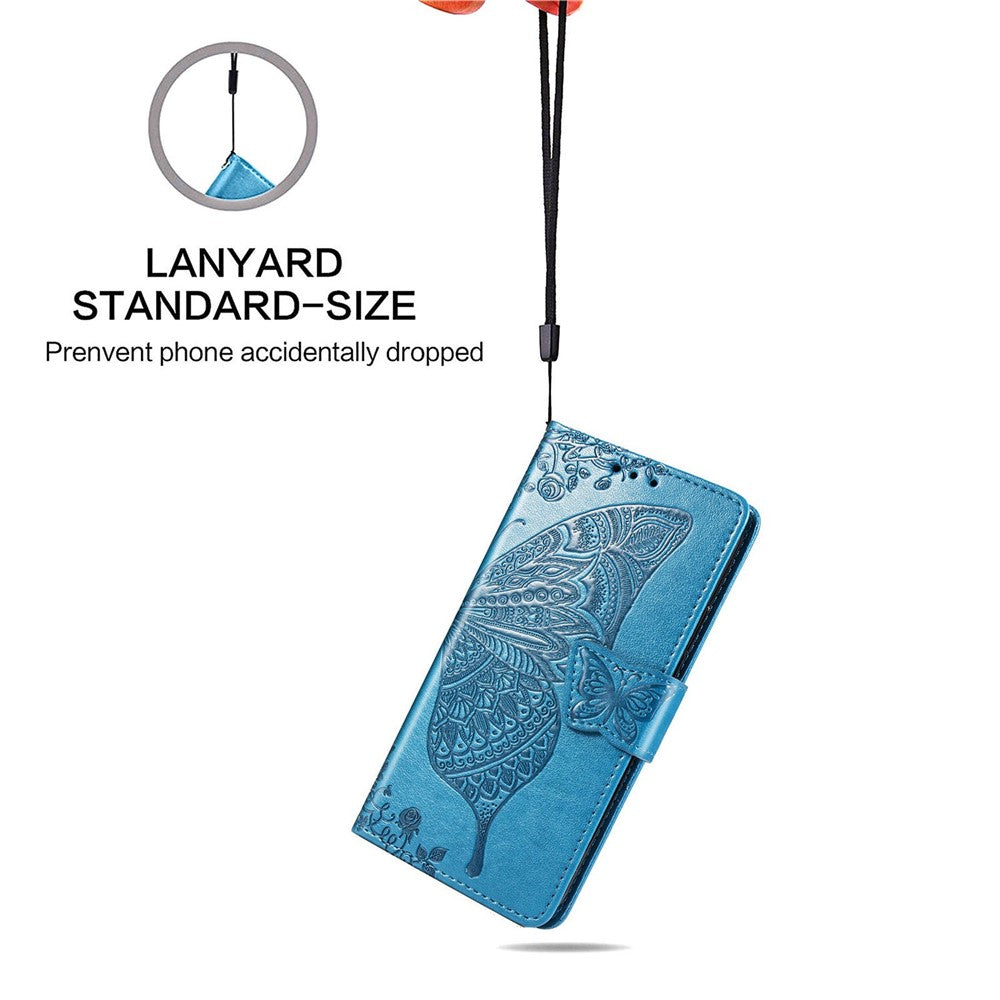 Big Butterfly Imprinting Leather Phone Shell for Samsung Galaxy M33 5G (Global Version), Full Coverage PU Leather Case with Stand Wallet + Handy Strap - Blue