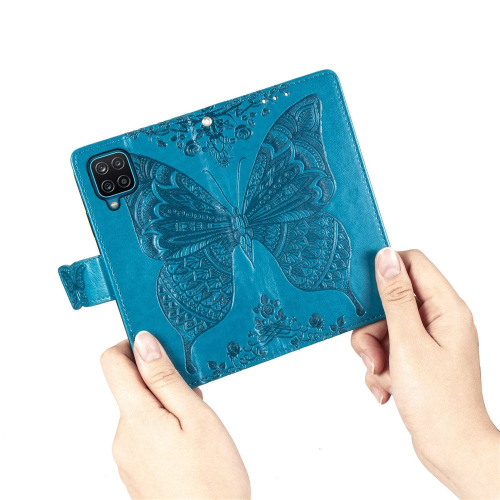 Big Butterfly Imprinting Leather Phone Shell for Samsung Galaxy M33 5G (Global Version), Full Coverage PU Leather Case with Stand Wallet + Handy Strap - Blue