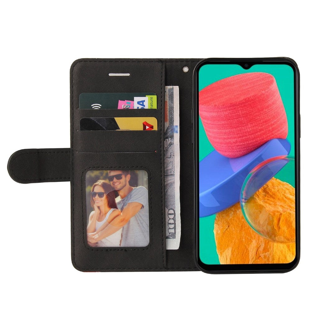For Samsung Galaxy M33 5G (Global Version) PU Leather Wallet Phone Case Dual-color Splicing Stand Phone Shell with Strap - Black