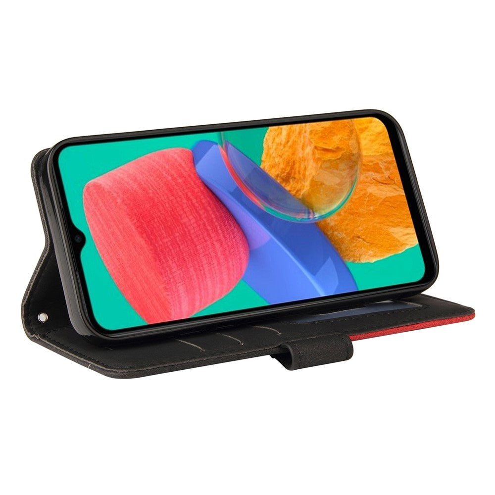For Samsung Galaxy M33 5G (Global Version) PU Leather Wallet Phone Case Dual-color Splicing Stand Phone Shell with Strap - Black