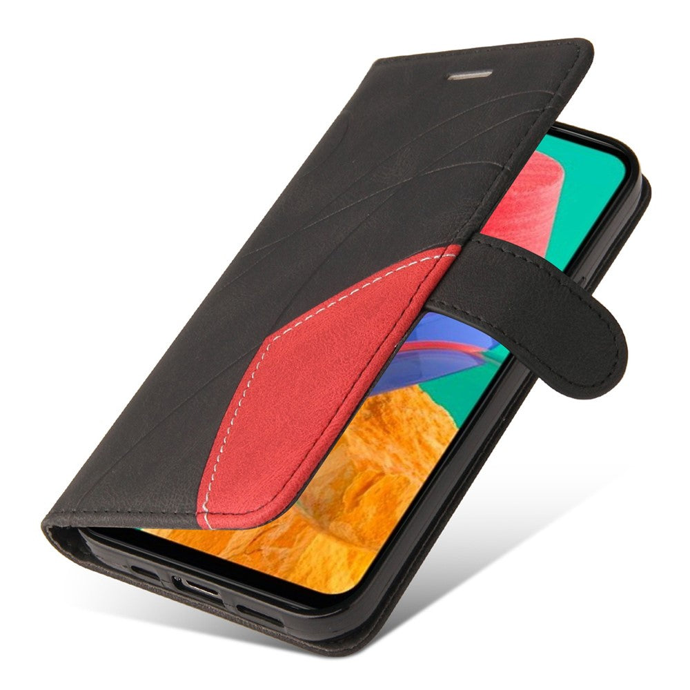 For Samsung Galaxy M33 5G (Global Version) PU Leather Wallet Phone Case Dual-color Splicing Stand Phone Shell with Strap - Black