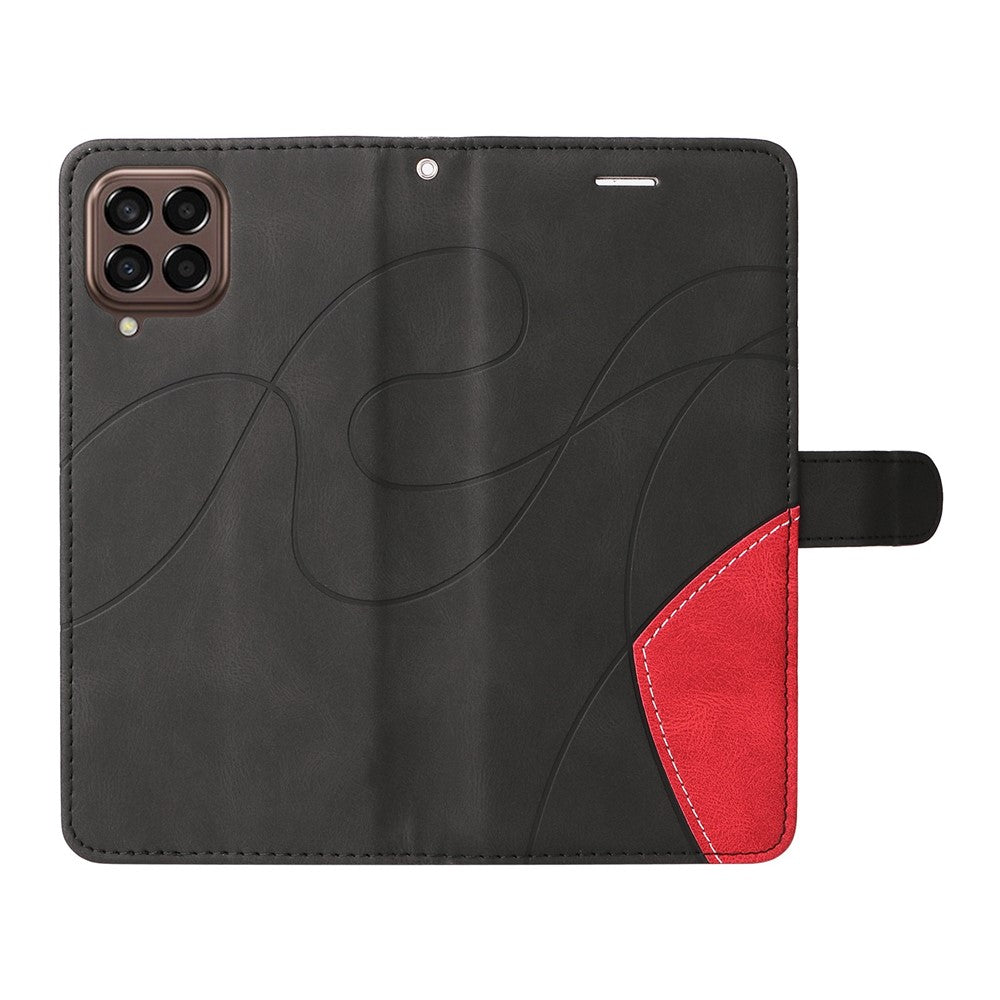 For Samsung Galaxy M33 5G (Global Version) PU Leather Wallet Phone Case Dual-color Splicing Stand Phone Shell with Strap - Black