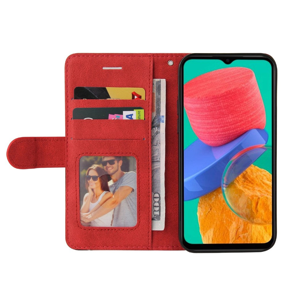 For Samsung Galaxy M33 5G (Global Version) PU Leather Wallet Phone Case Dual-color Splicing Stand Phone Shell with Strap - Red