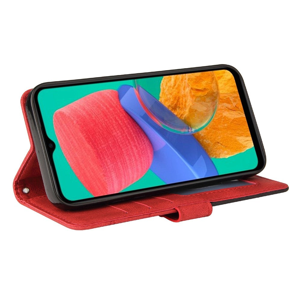 For Samsung Galaxy M33 5G (Global Version) PU Leather Wallet Phone Case Dual-color Splicing Stand Phone Shell with Strap - Red