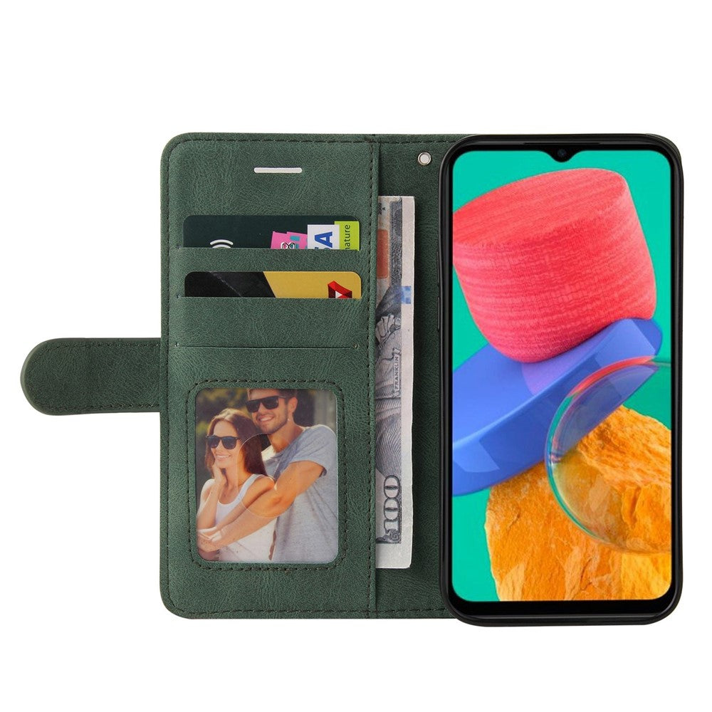 For Samsung Galaxy M33 5G (Global Version) PU Leather Wallet Phone Case Dual-color Splicing Stand Phone Shell with Strap - Green