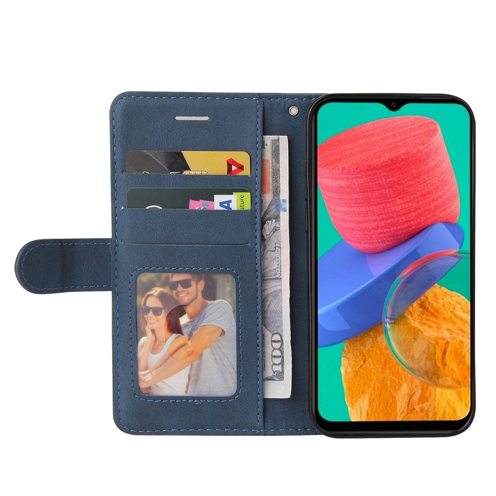For Samsung Galaxy M33 5G (Global Version) PU Leather Wallet Phone Case Dual-color Splicing Stand Phone Shell with Strap - Blue