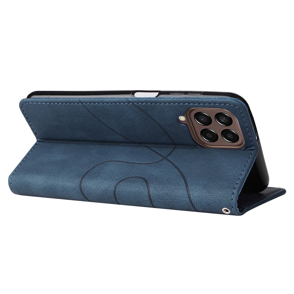 For Samsung Galaxy M33 5G (Global Version) PU Leather Wallet Phone Case Dual-color Splicing Stand Phone Shell with Strap - Blue