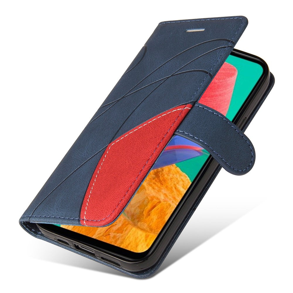 For Samsung Galaxy M33 5G (Global Version) PU Leather Wallet Phone Case Dual-color Splicing Stand Phone Shell with Strap - Blue