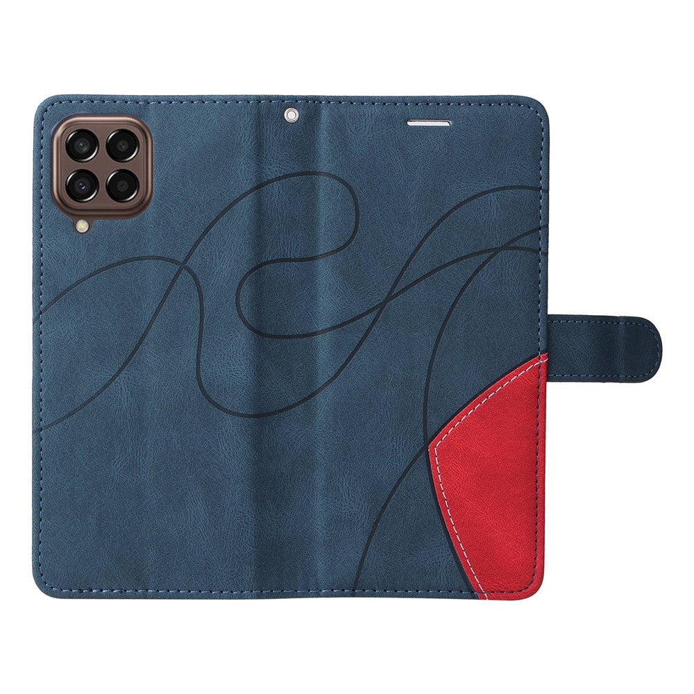 For Samsung Galaxy M33 5G (Global Version) PU Leather Wallet Phone Case Dual-color Splicing Stand Phone Shell with Strap - Blue