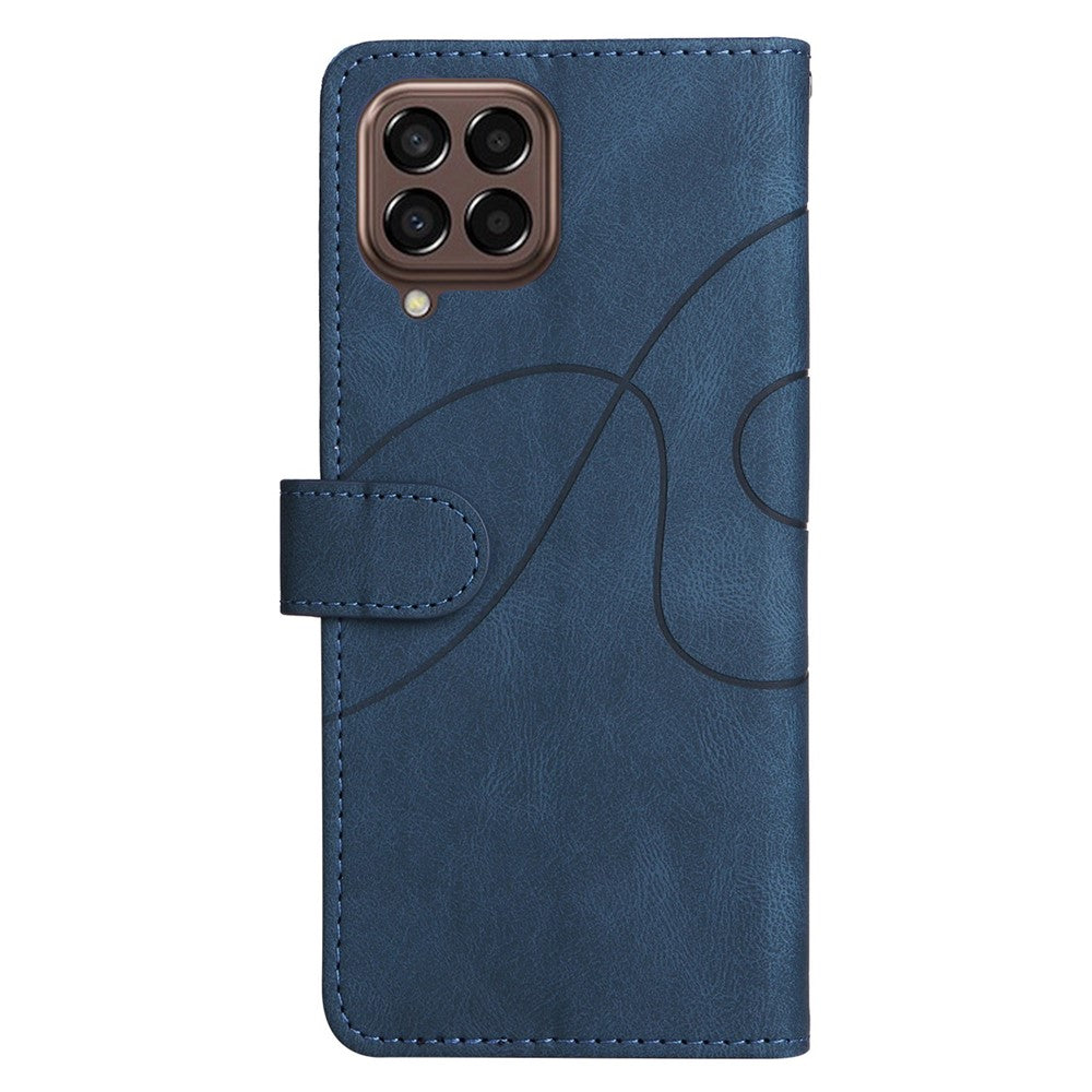 For Samsung Galaxy M33 5G (Global Version) PU Leather Wallet Phone Case Dual-color Splicing Stand Phone Shell with Strap - Blue