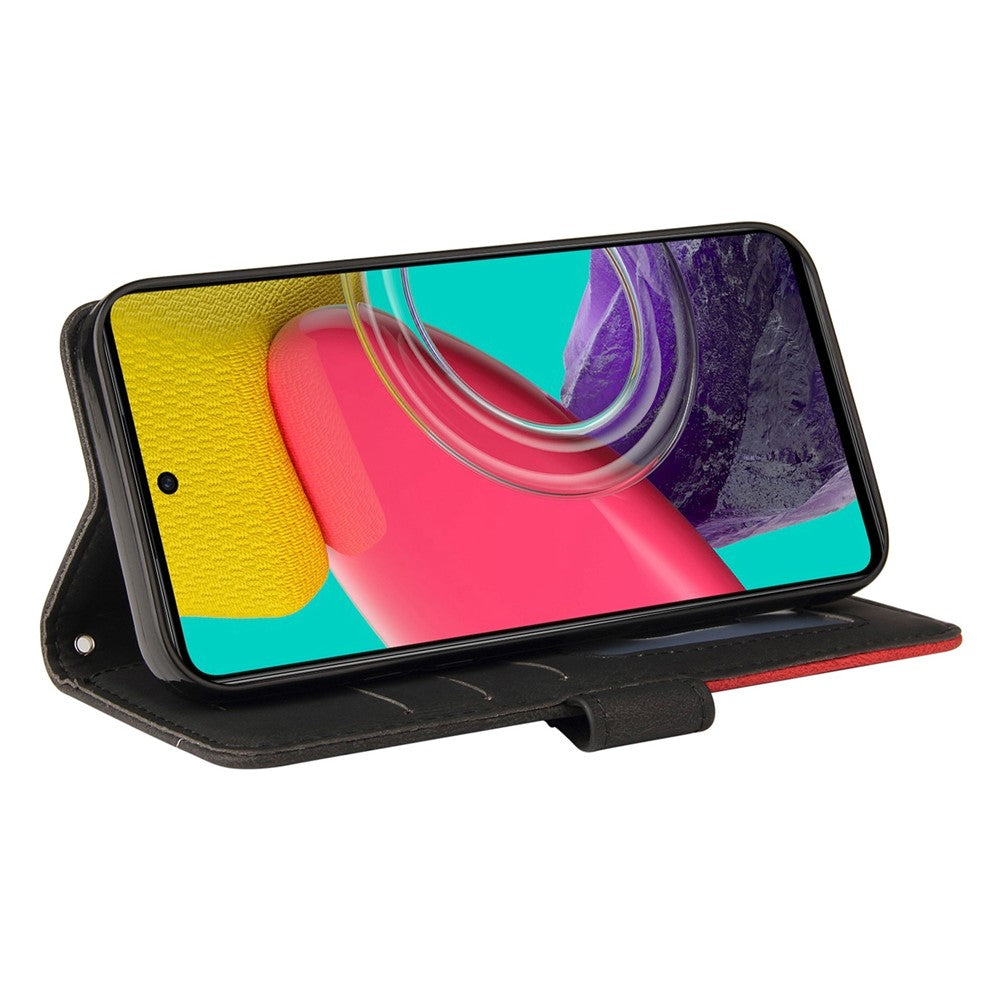 For Samsung Galaxy M53 5G Fashionable Wallet Style Dual-color Splicing PU Leather Phone Case Stand Shell with Strap - Black