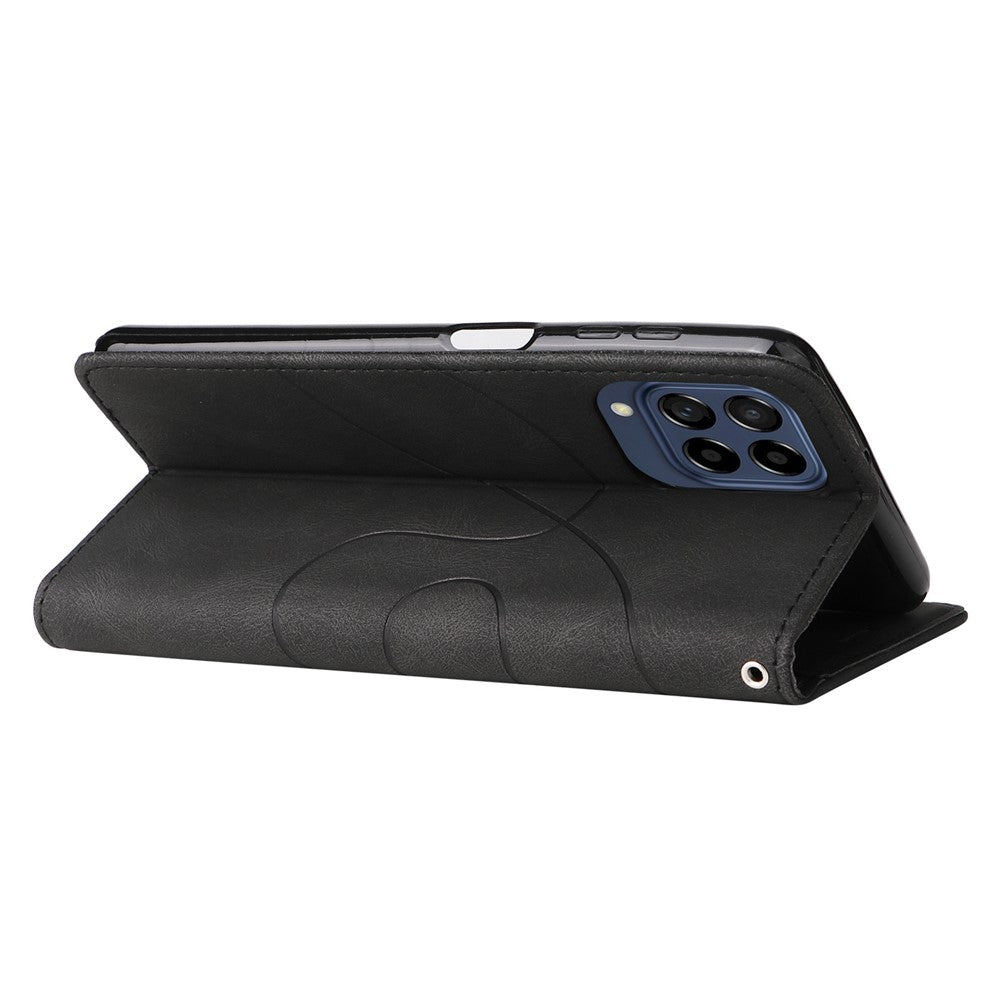 For Samsung Galaxy M53 5G Fashionable Wallet Style Dual-color Splicing PU Leather Phone Case Stand Shell with Strap - Black