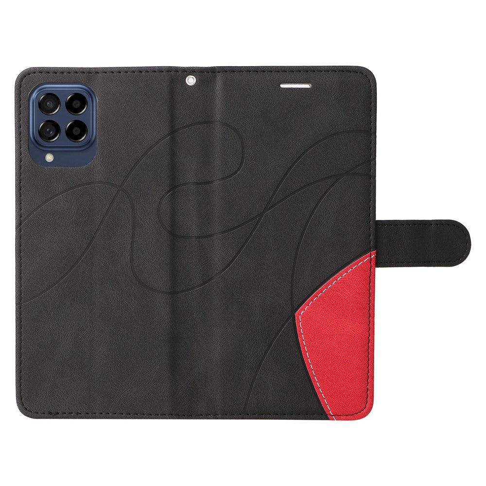 For Samsung Galaxy M53 5G Fashionable Wallet Style Dual-color Splicing PU Leather Phone Case Stand Shell with Strap - Black