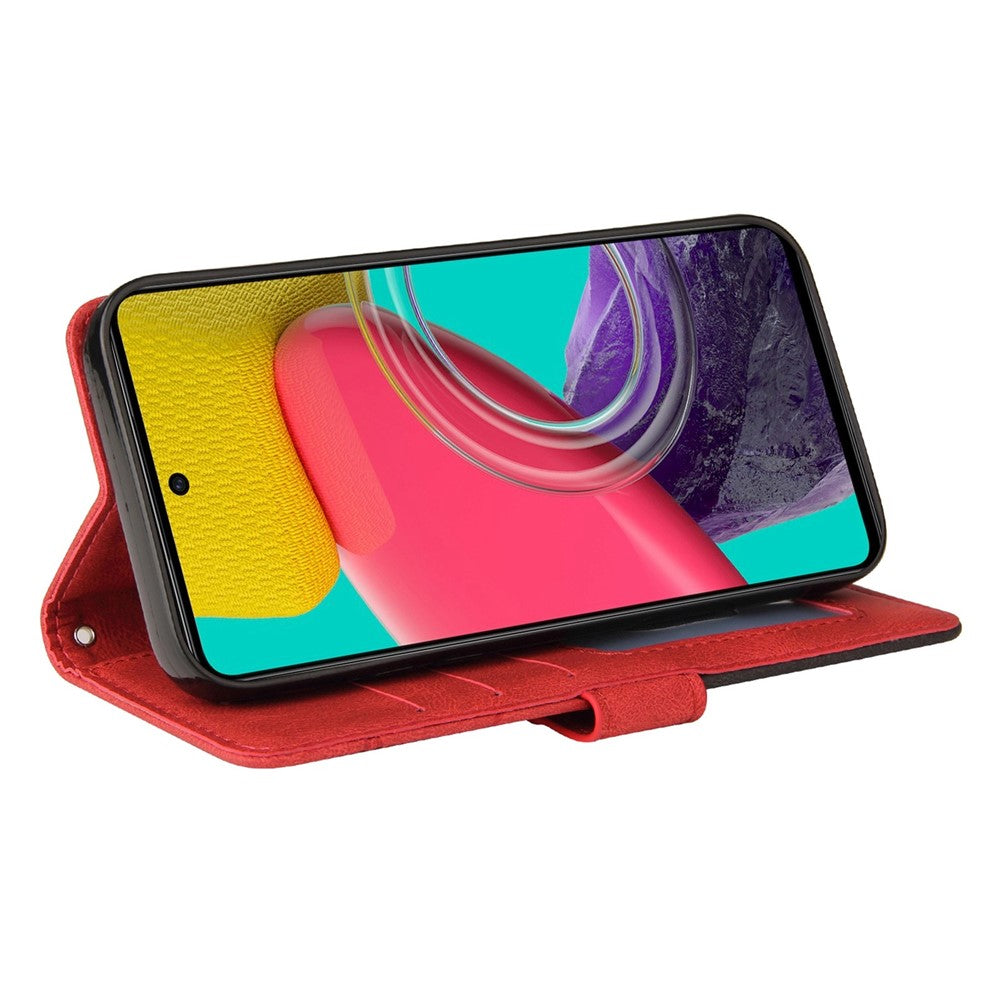 For Samsung Galaxy M53 5G Fashionable Wallet Style Dual-color Splicing PU Leather Phone Case Stand Shell with Strap - Red