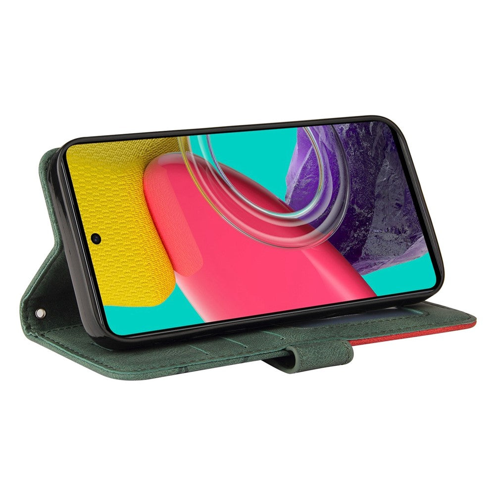 For Samsung Galaxy M53 5G Fashionable Wallet Style Dual-color Splicing PU Leather Phone Case Stand Shell with Strap - Green