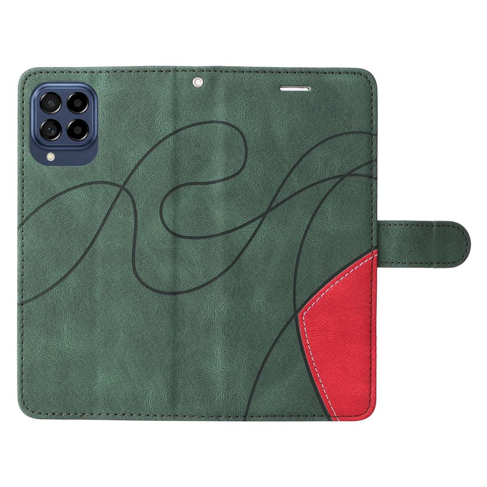 For Samsung Galaxy M53 5G Fashionable Wallet Style Dual-color Splicing PU Leather Phone Case Stand Shell with Strap - Green