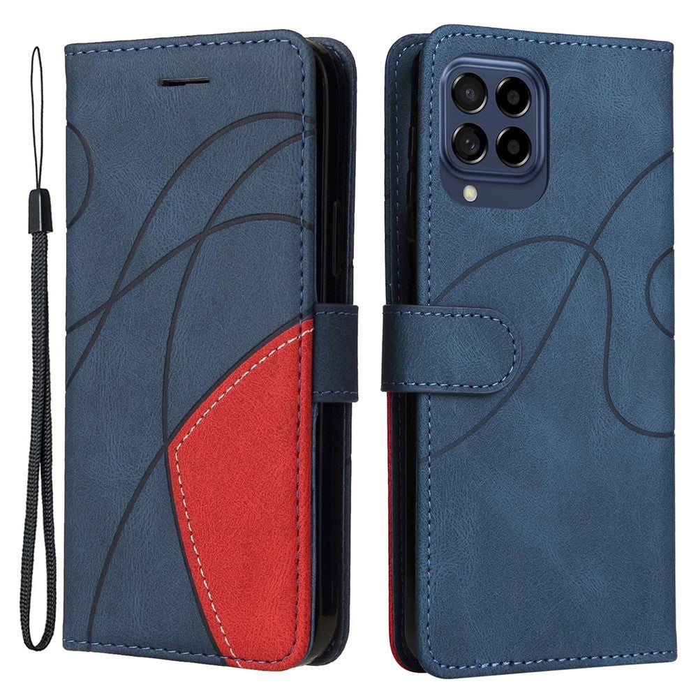 For Samsung Galaxy M53 5G Fashionable Wallet Style Dual-color Splicing PU Leather Phone Case Stand Shell with Strap - Blue