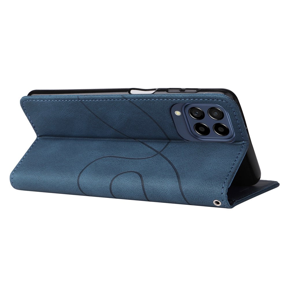 For Samsung Galaxy M53 5G Fashionable Wallet Style Dual-color Splicing PU Leather Phone Case Stand Shell with Strap - Blue