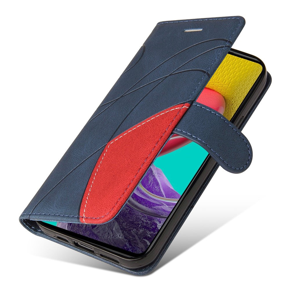 For Samsung Galaxy M53 5G Fashionable Wallet Style Dual-color Splicing PU Leather Phone Case Stand Shell with Strap - Blue