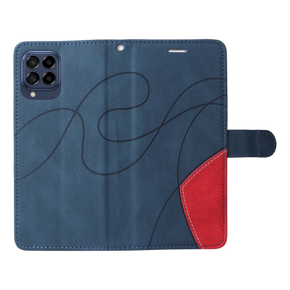 For Samsung Galaxy M53 5G Fashionable Wallet Style Dual-color Splicing PU Leather Phone Case Stand Shell with Strap - Blue
