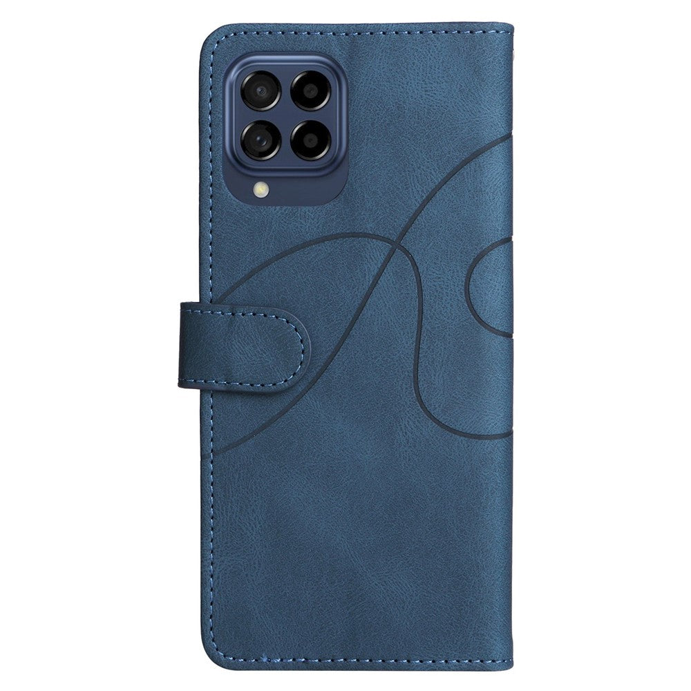 For Samsung Galaxy M53 5G Fashionable Wallet Style Dual-color Splicing PU Leather Phone Case Stand Shell with Strap - Blue