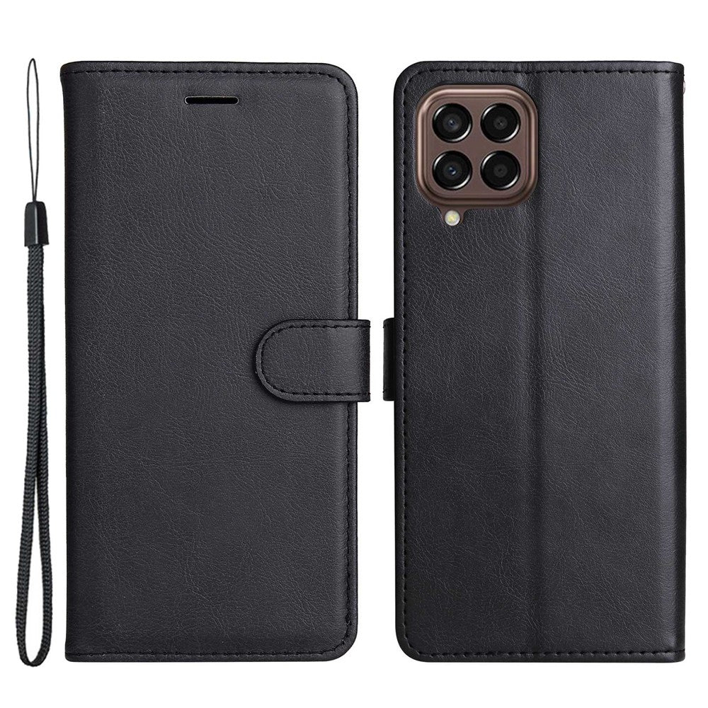 For Samsung Galaxy M33 5G (Global) Case Solid Color Leather Mobile Cover Wallet Stand with Strap - Black