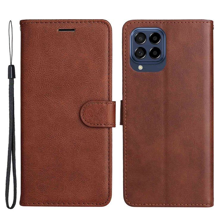 KT Leather Series-2 Anti-scratch PU Leather Wallet Phone Case for Samsung Galaxy M53 5G, Foldable Stand Cover with Hand Strap - Brown