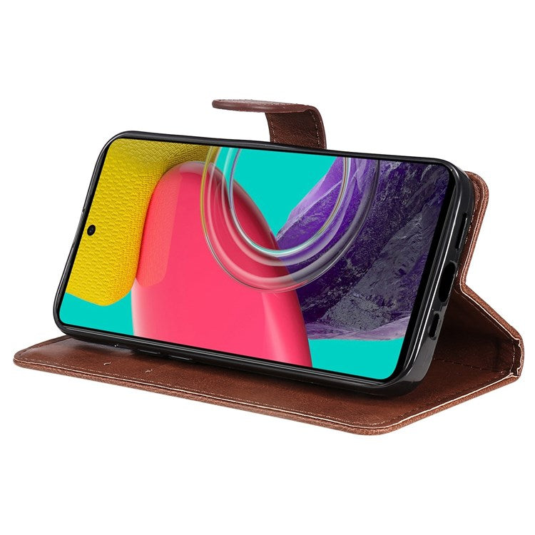 KT Leather Series-2 Anti-scratch PU Leather Wallet Phone Case for Samsung Galaxy M53 5G, Foldable Stand Cover with Hand Strap - Brown