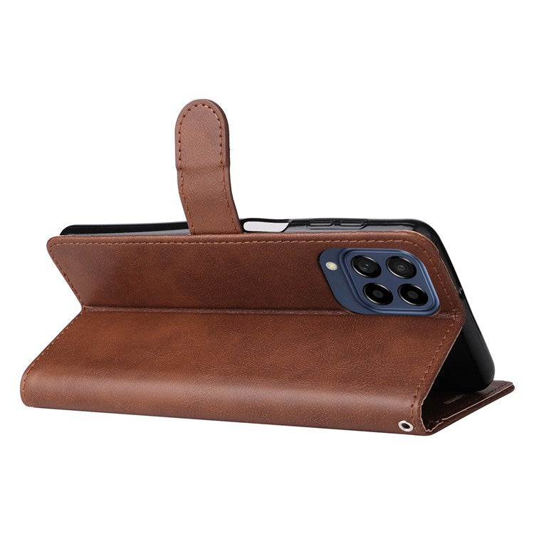 KT Leather Series-2 Anti-scratch PU Leather Wallet Phone Case for Samsung Galaxy M53 5G, Foldable Stand Cover with Hand Strap - Brown