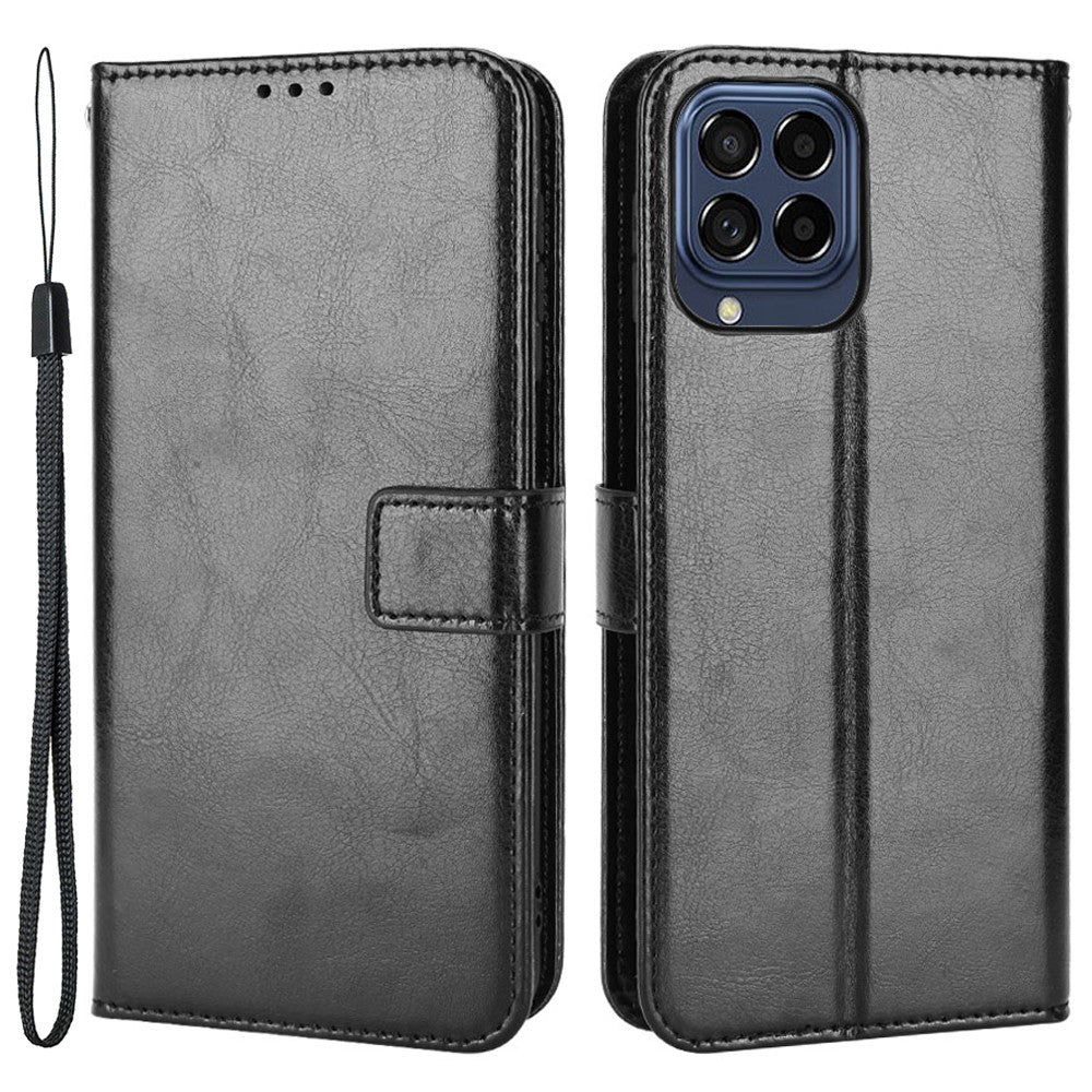 Stand Design Phone Case for Samsung Galaxy M53 5G, Crazy Horse Texture PU Leather Magnetic Phone Cover with Strap - Black