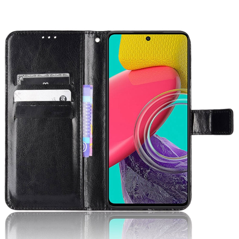 Stand Design Phone Case for Samsung Galaxy M53 5G, Crazy Horse Texture PU Leather Magnetic Phone Cover with Strap - Black