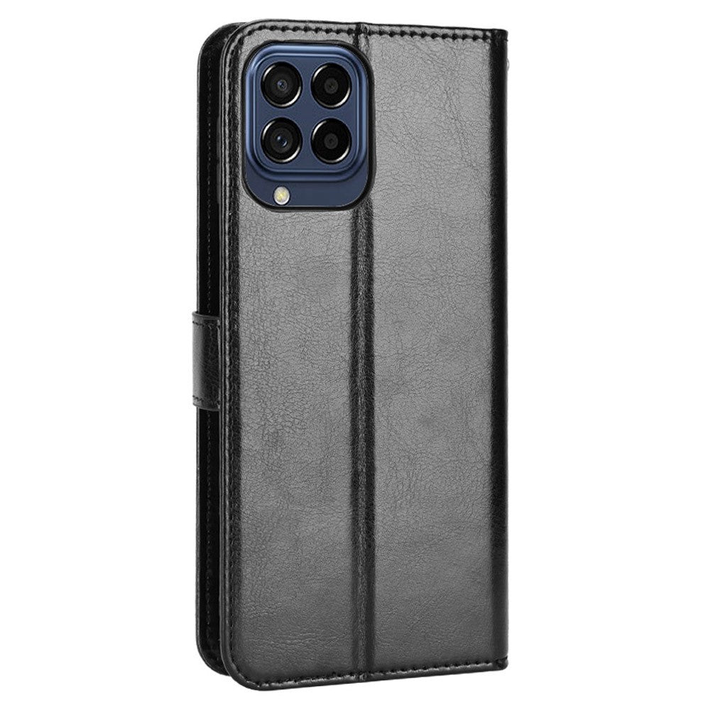 Stand Design Phone Case for Samsung Galaxy M53 5G, Crazy Horse Texture PU Leather Magnetic Phone Cover with Strap - Black