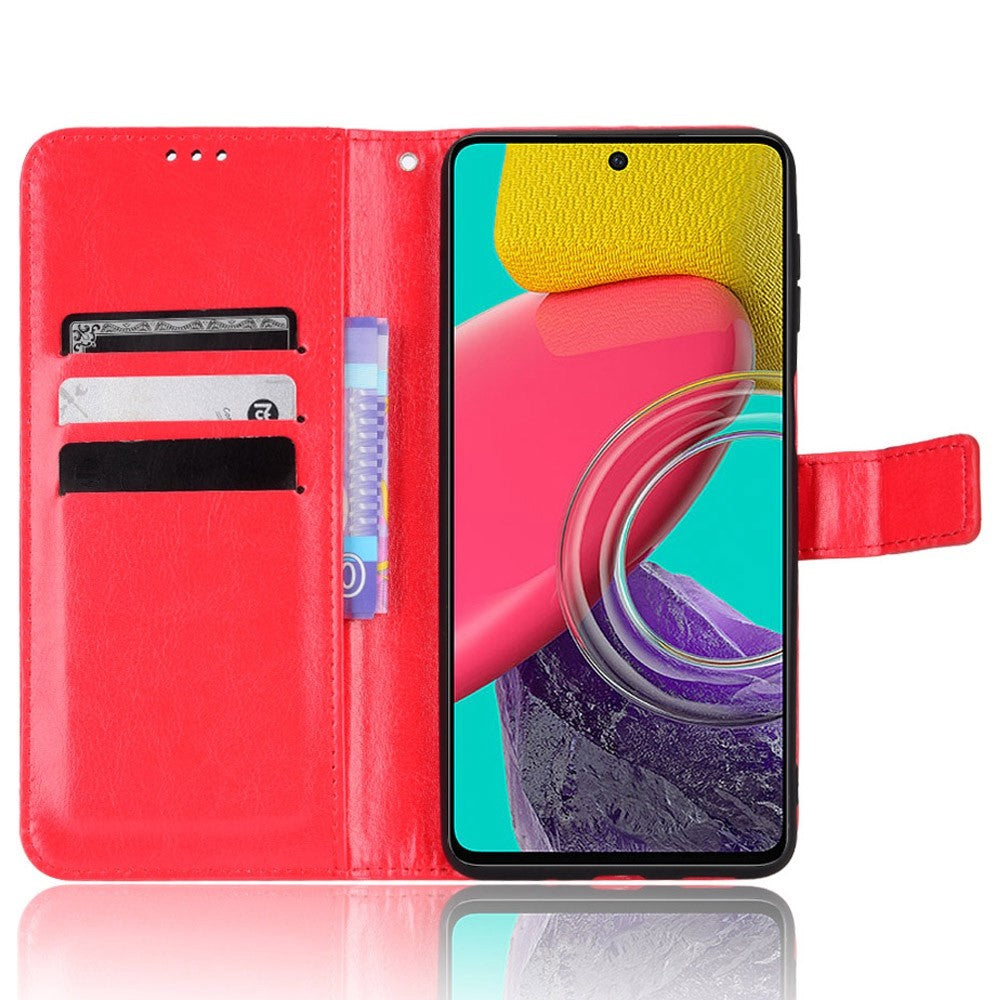 Stand Design Phone Case for Samsung Galaxy M53 5G, Crazy Horse Texture PU Leather Magnetic Phone Cover with Strap - Red