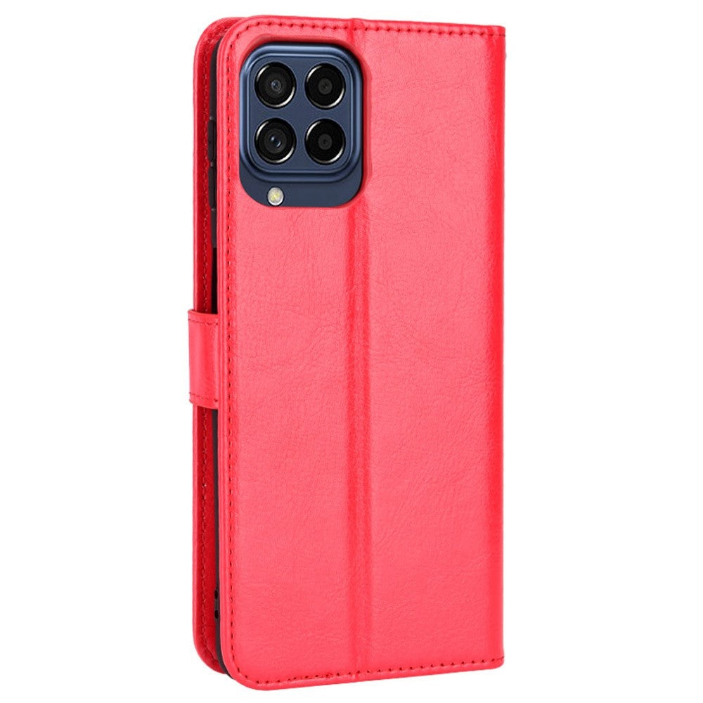 Stand Design Phone Case for Samsung Galaxy M53 5G, Crazy Horse Texture PU Leather Magnetic Phone Cover with Strap - Red