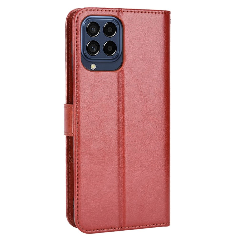 Stand Design Phone Case for Samsung Galaxy M53 5G, Crazy Horse Texture PU Leather Magnetic Phone Cover with Strap - Brown
