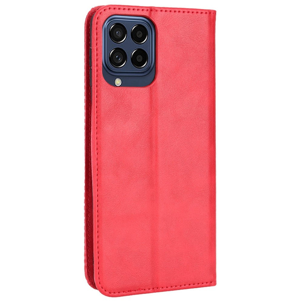 Phone Cover for Samsung Galaxy M33 5G (Global Version), Well-protected Anti-scratch Auto-Absorbed Retro Surface Wallet Stand Leather Phone Accessory - Red