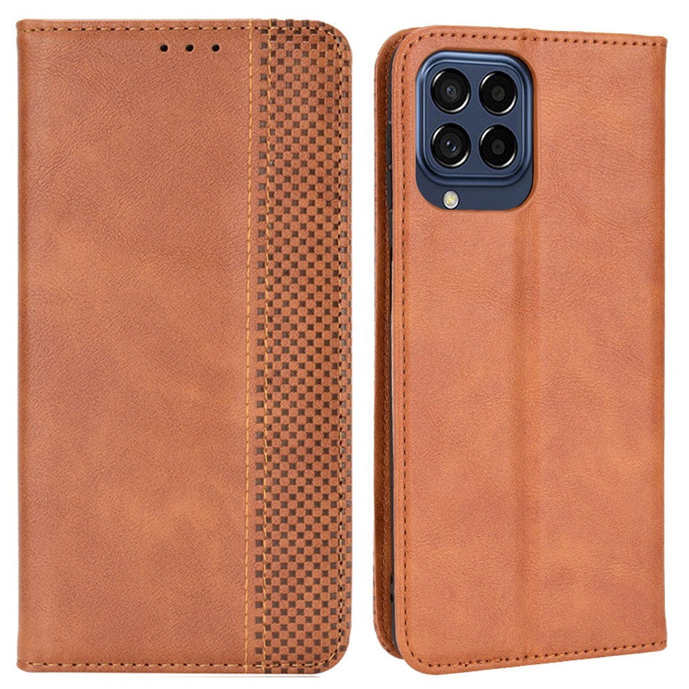 Phone Cover for Samsung Galaxy M33 5G (Global Version), Well-protected Anti-scratch Auto-Absorbed Retro Surface Wallet Stand Leather Phone Accessory - Brown
