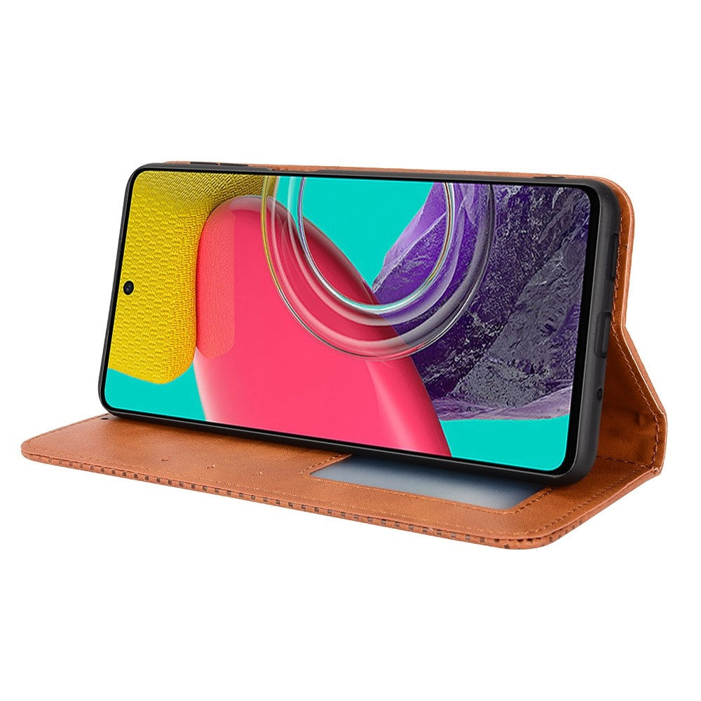 Phone Cover for Samsung Galaxy M33 5G (Global Version), Well-protected Anti-scratch Auto-Absorbed Retro Surface Wallet Stand Leather Phone Accessory - Brown