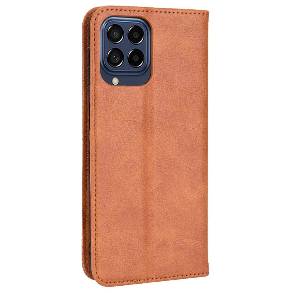 Phone Cover for Samsung Galaxy M33 5G (Global Version), Well-protected Anti-scratch Auto-Absorbed Retro Surface Wallet Stand Leather Phone Accessory - Brown