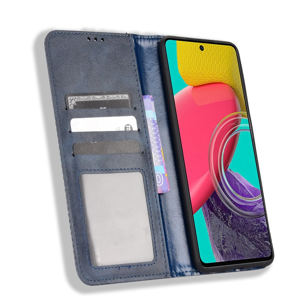 Phone Cover for Samsung Galaxy M33 5G (Global Version), Well-protected Anti-scratch Auto-Absorbed Retro Surface Wallet Stand Leather Phone Accessory - Blue