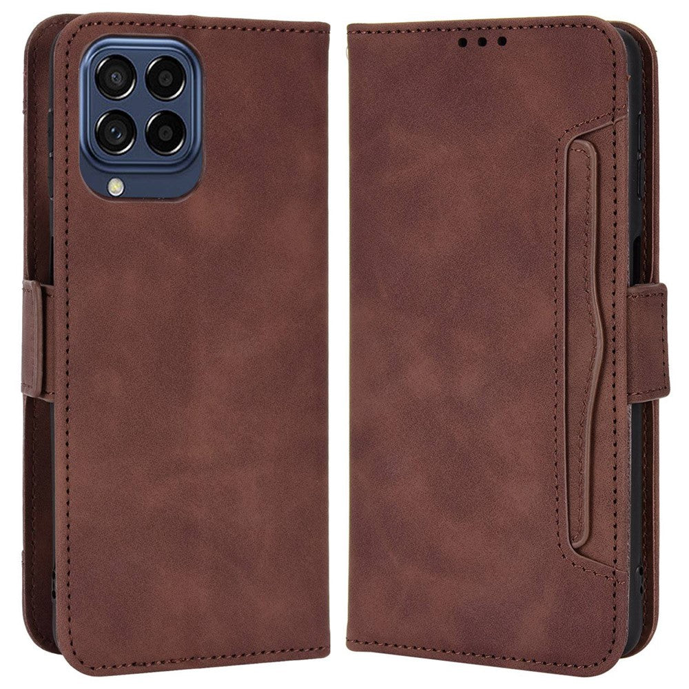 For Samsung Galaxy M33 5G (Global Version) Flip Wallet Case PU Leather Multiple Card Slots Stand Magnetic Closure Shockproof Folio Cover - Brown