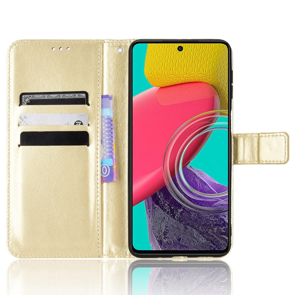 For Samsung Galaxy M33 5G (Global Version) Crazy Horse Texture Wallet Flip Cover PU Leather TPU Inner Shell Magnetic Closure Stand Function Folio Case with Strap - Gold