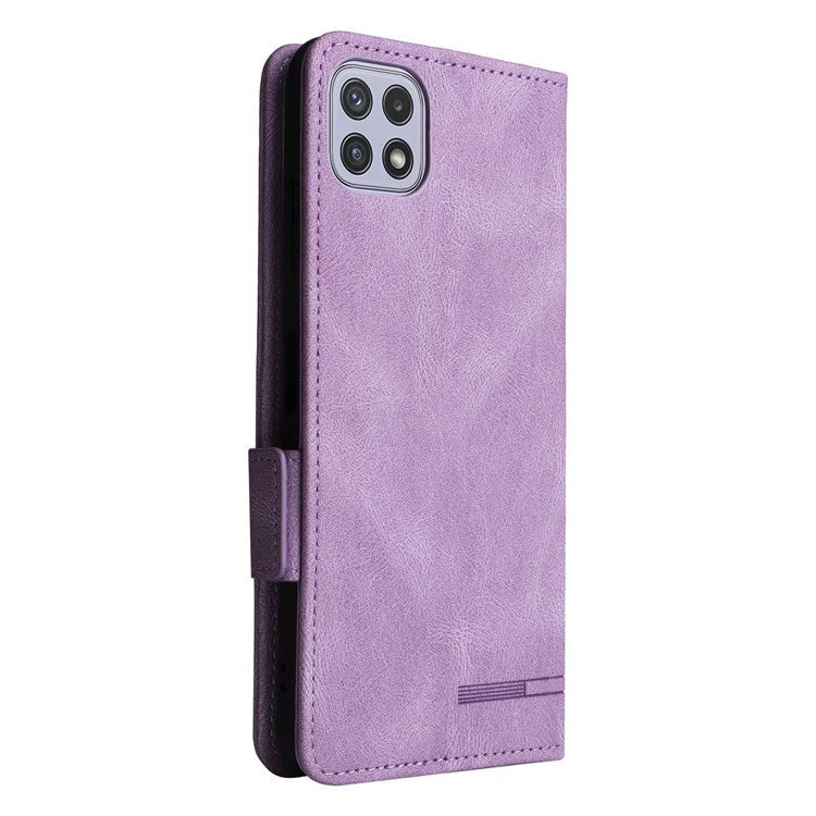 For Samsung Galaxy A22 5G (EU Version) Anti-scratch PU Leather Phone Case Hardware Design Smartphone Cover with Wallet Stand - Purple