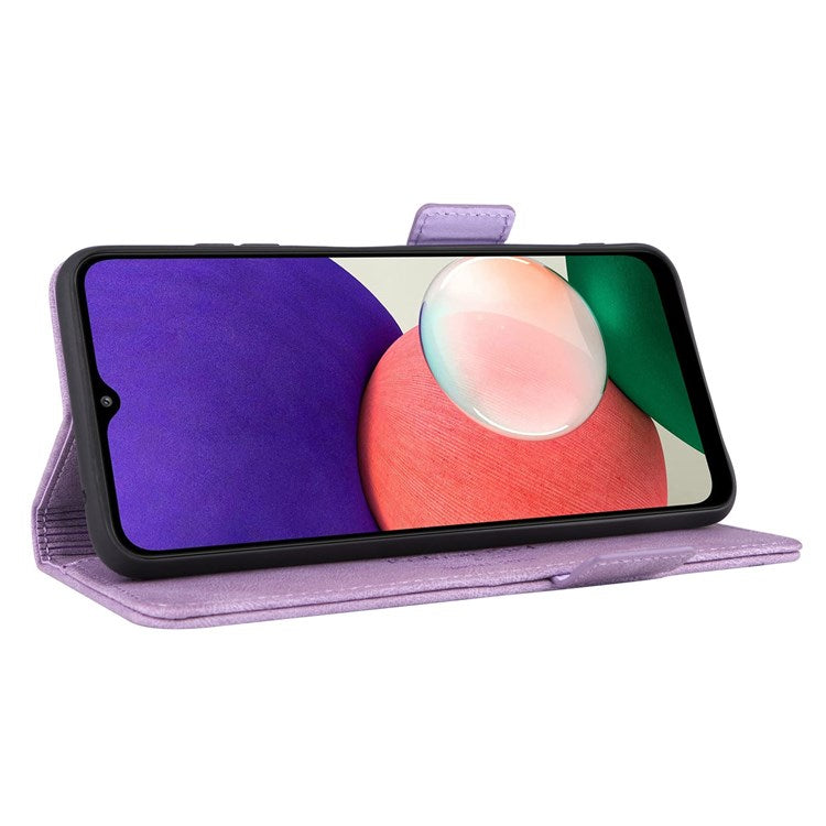 For Samsung Galaxy A22 5G (EU Version) Anti-scratch PU Leather Phone Case Hardware Design Smartphone Cover with Wallet Stand - Purple